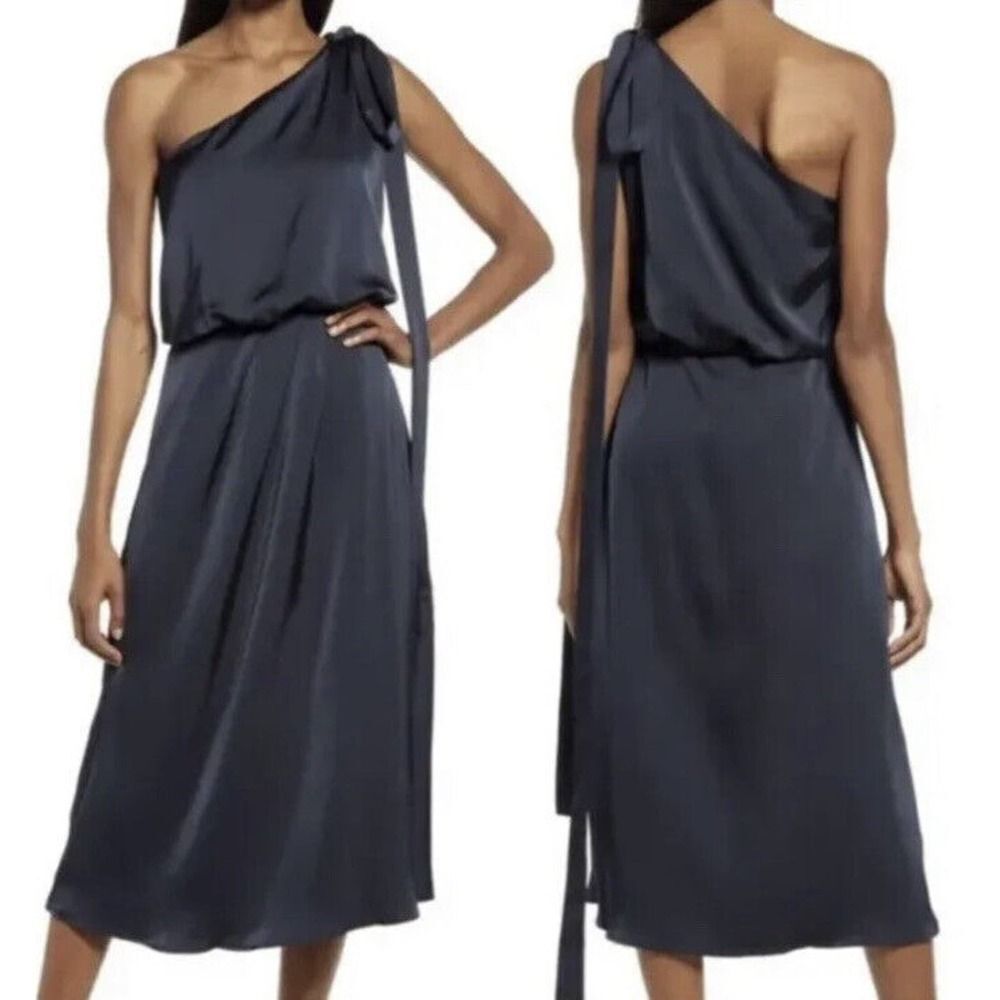 AMYLYNN Woman Navy Blue One Shoulder Satin Midi Dress~Size M
